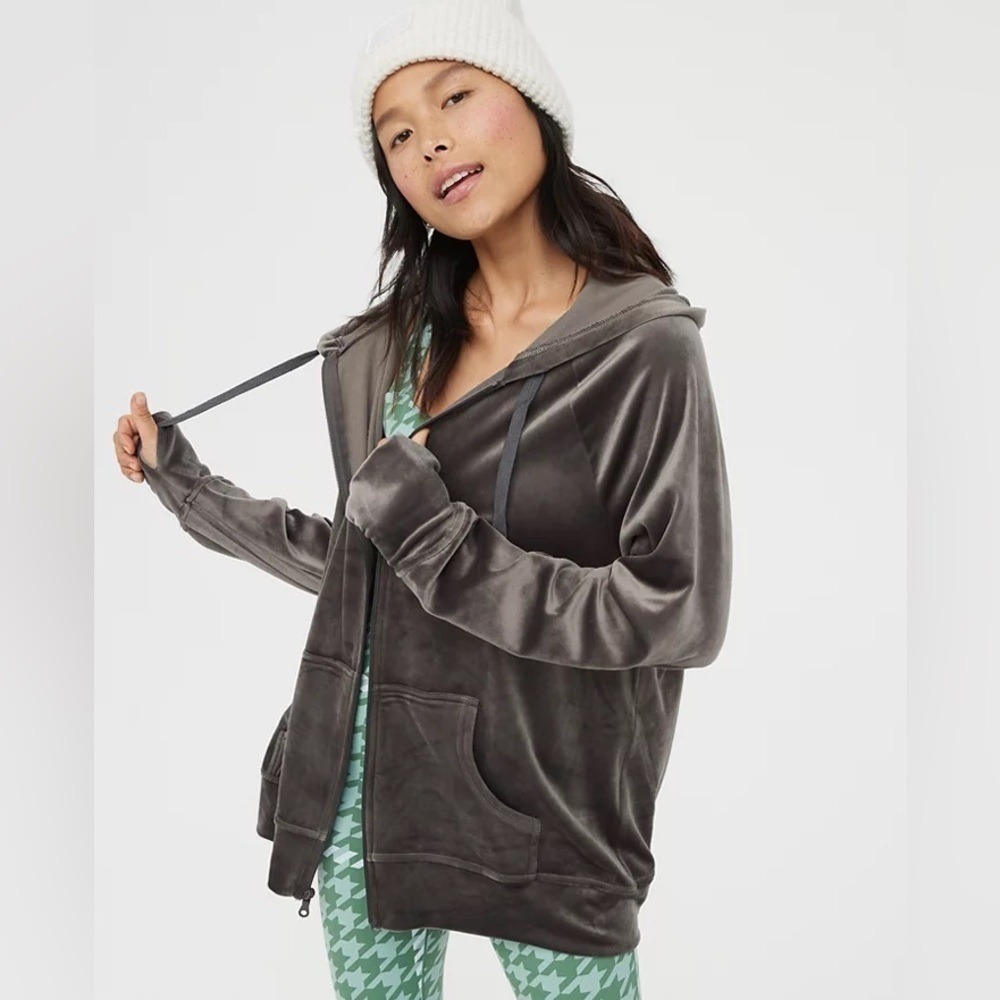 Aerie OFFLINE Velour Cozy Casual Full Zip Hoodie Charcoal Grey Small